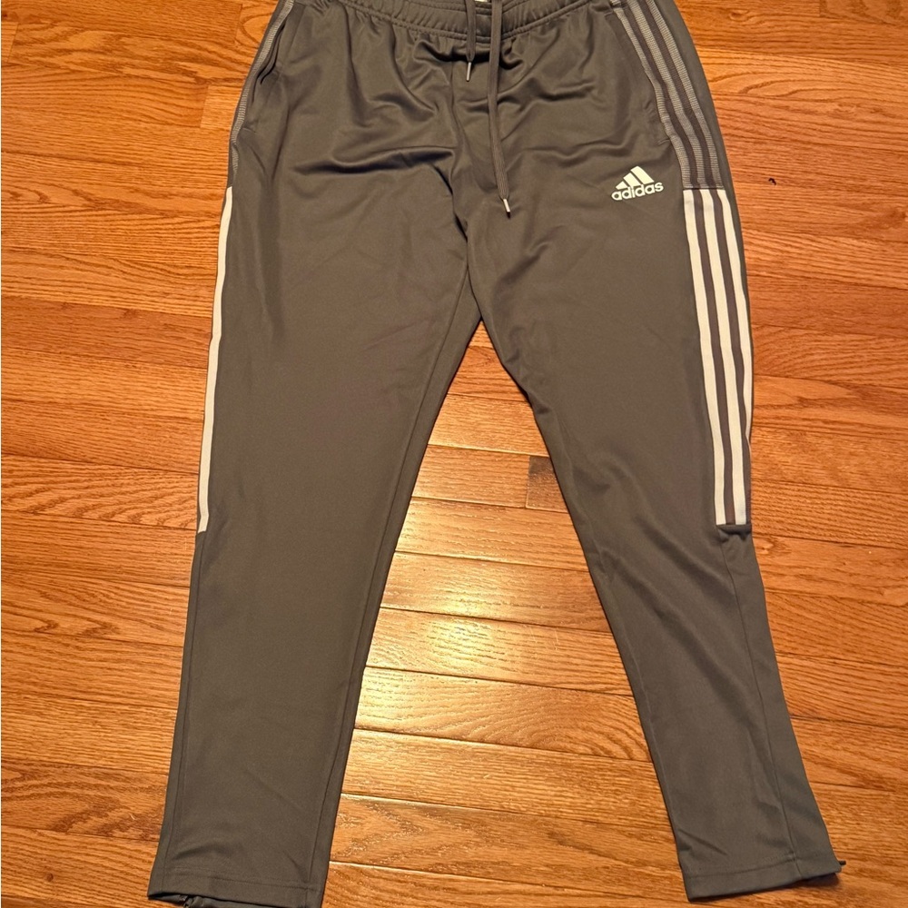 Adidas Gray Track Pants with White Stripes